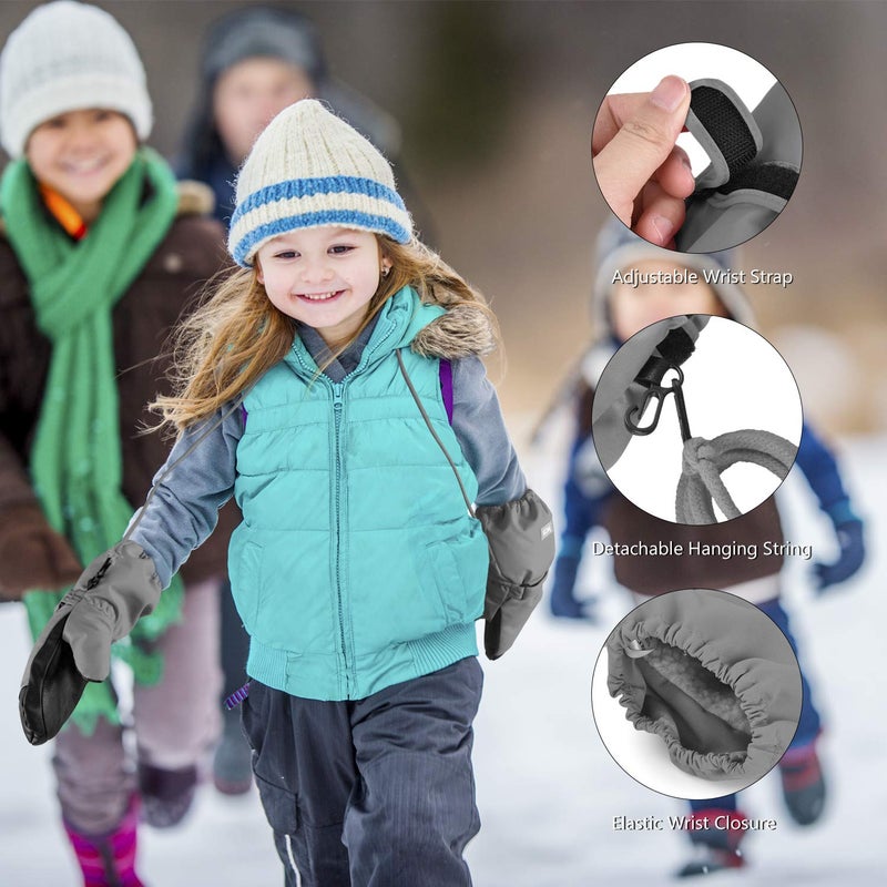 MCTi Kids Mittens Waterproof Winter Ski Warm Sherpa Lined Long Cuff with String (Gray, X-Small(Fits 8-11 Years)) - Image 5